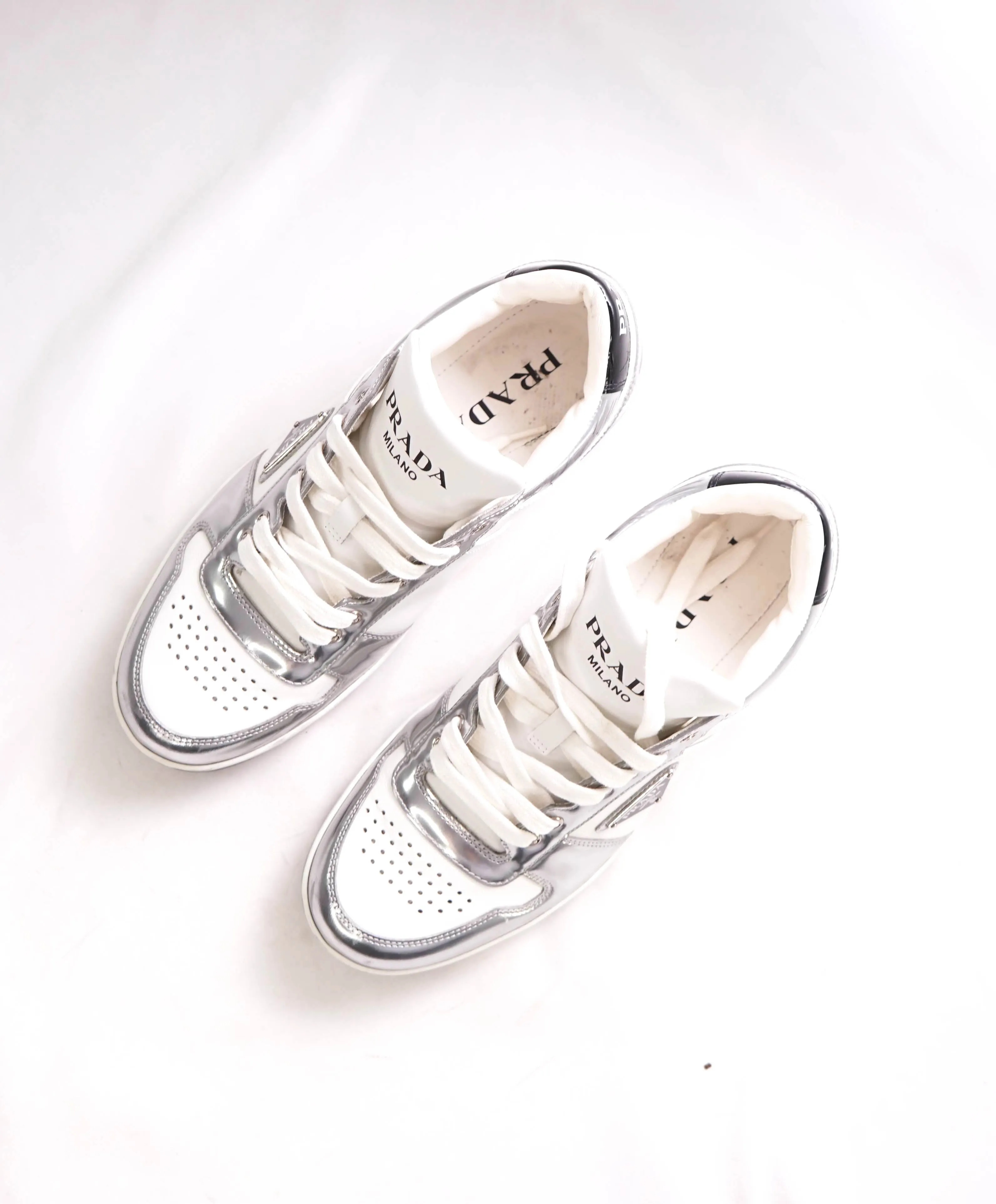 $1,100 PRADA - "DOWNTOWN" White/Silver Leather Sneakers With Logo Detail - 7 US (6 IT)