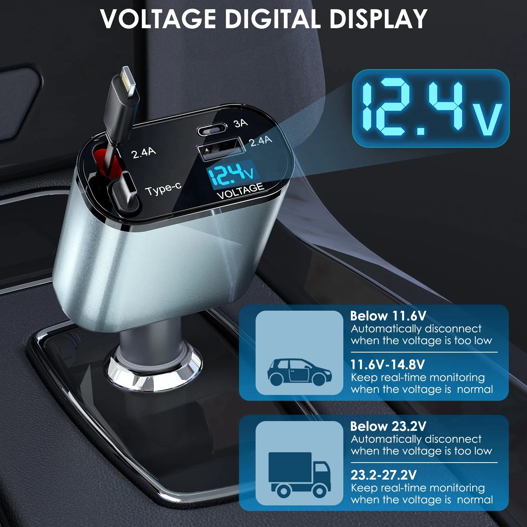 66W 4 in 1 Fast Car Phone Charger Cigarette Lighter Adapters, ABS PC Silver