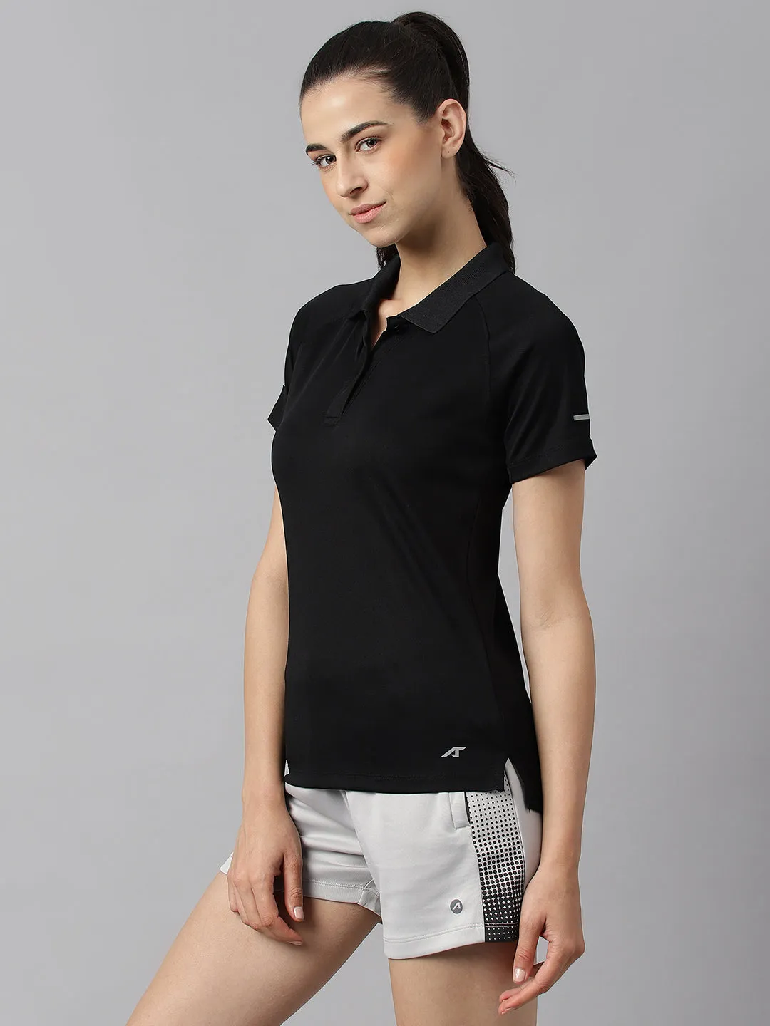 Alcis Women Black Tech-Fit Anti-Static Soft-Touch Slim-Fit Training Polo T-Shirt