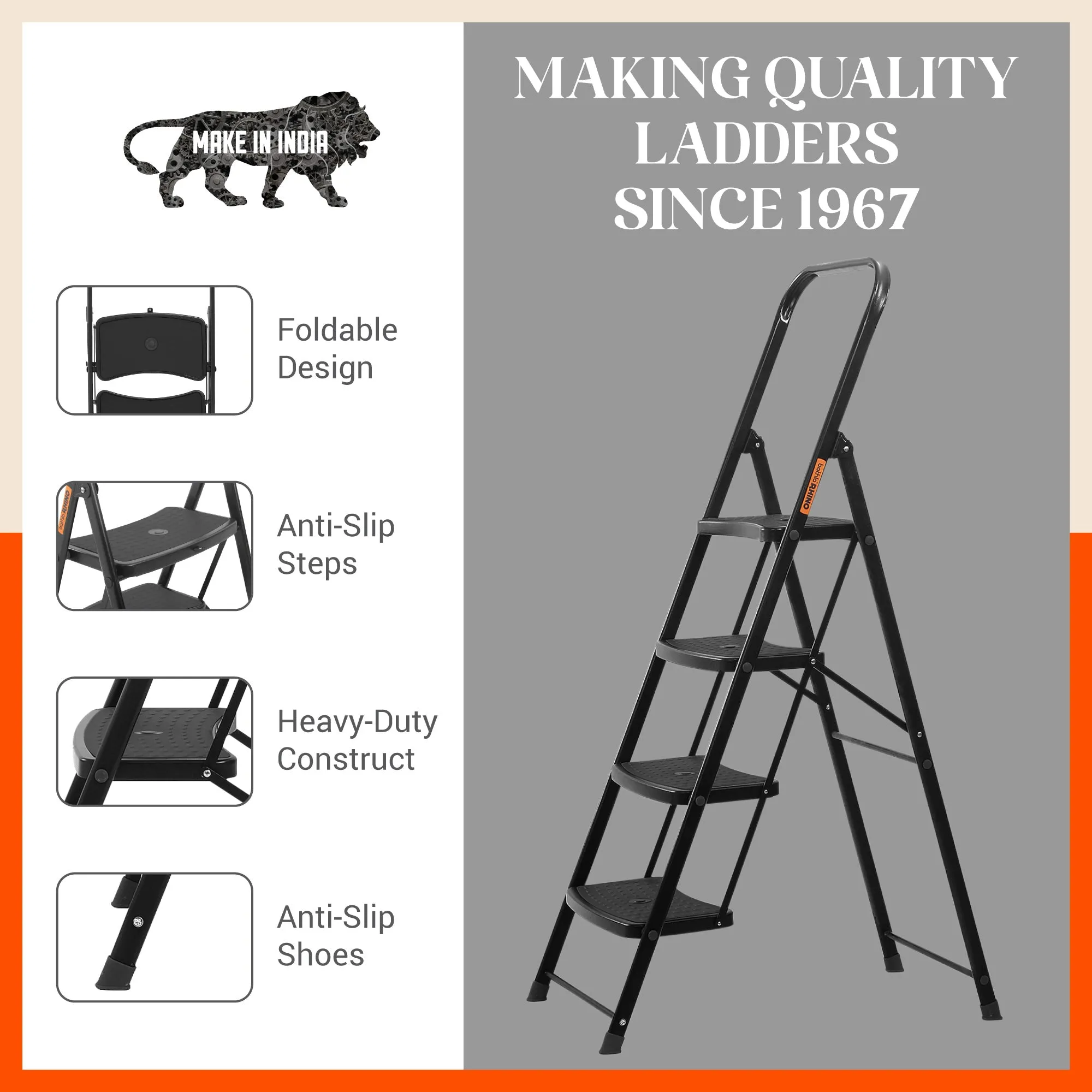 Bathla Boost Rhino 4 -Step Foldable Steel Ladder For Home (Black   Black)