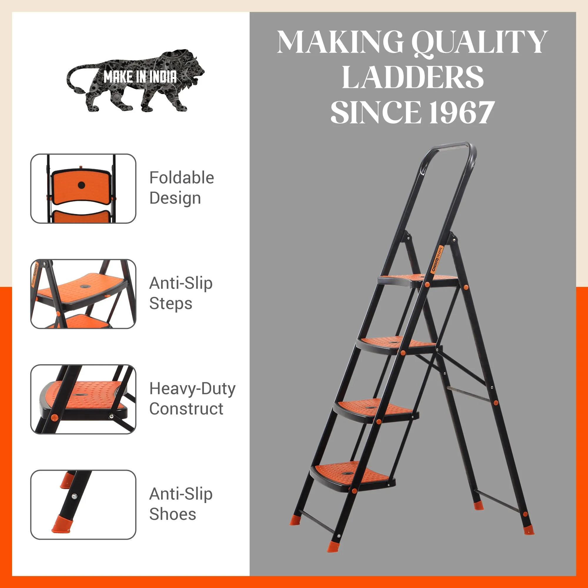 Bathla Boost Rhino 4 - Step Foldable Steel Ladder For Home (Black   Orange)