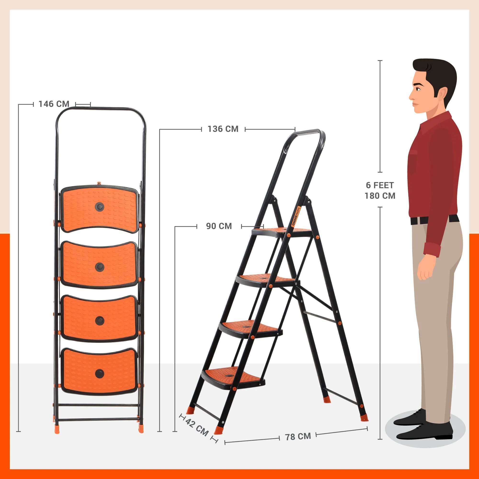 Bathla Boost Rhino 4 - Step Foldable Steel Ladder For Home (Black   Orange)
