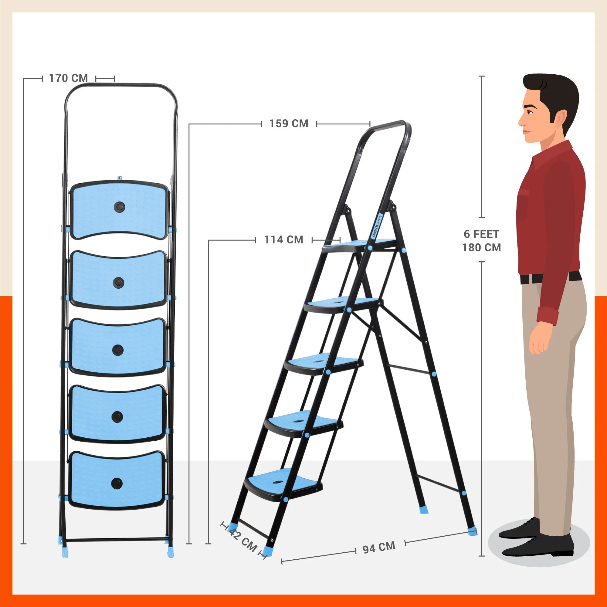 Bathla Boost Rhino 5 - Step Foldable Steel Ladder For Home (Black   Blue)