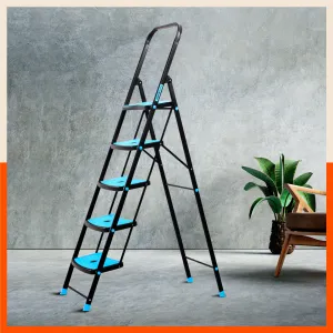 Bathla Boost Rhino 5 - Step Foldable Steel Ladder For Home (Black   Blue)