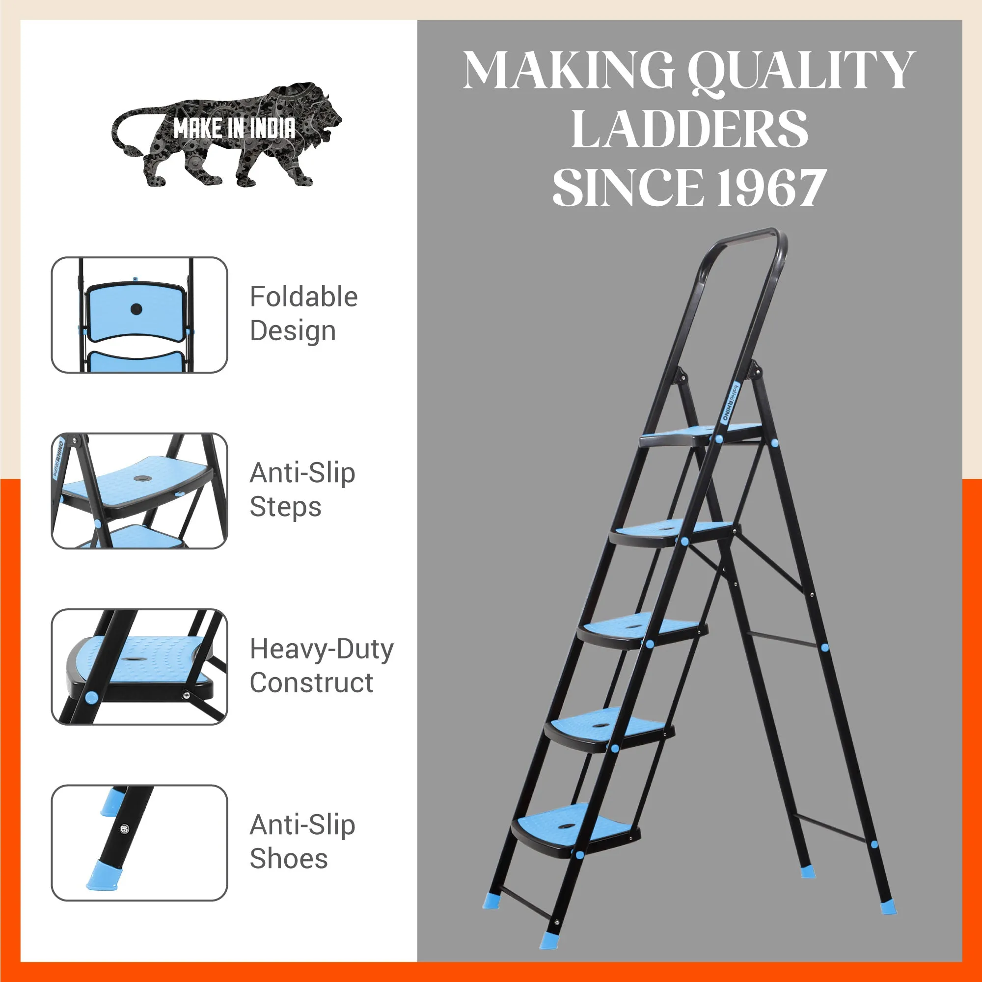 Bathla Boost Rhino 5 - Step Foldable Steel Ladder For Home (Black   Blue)