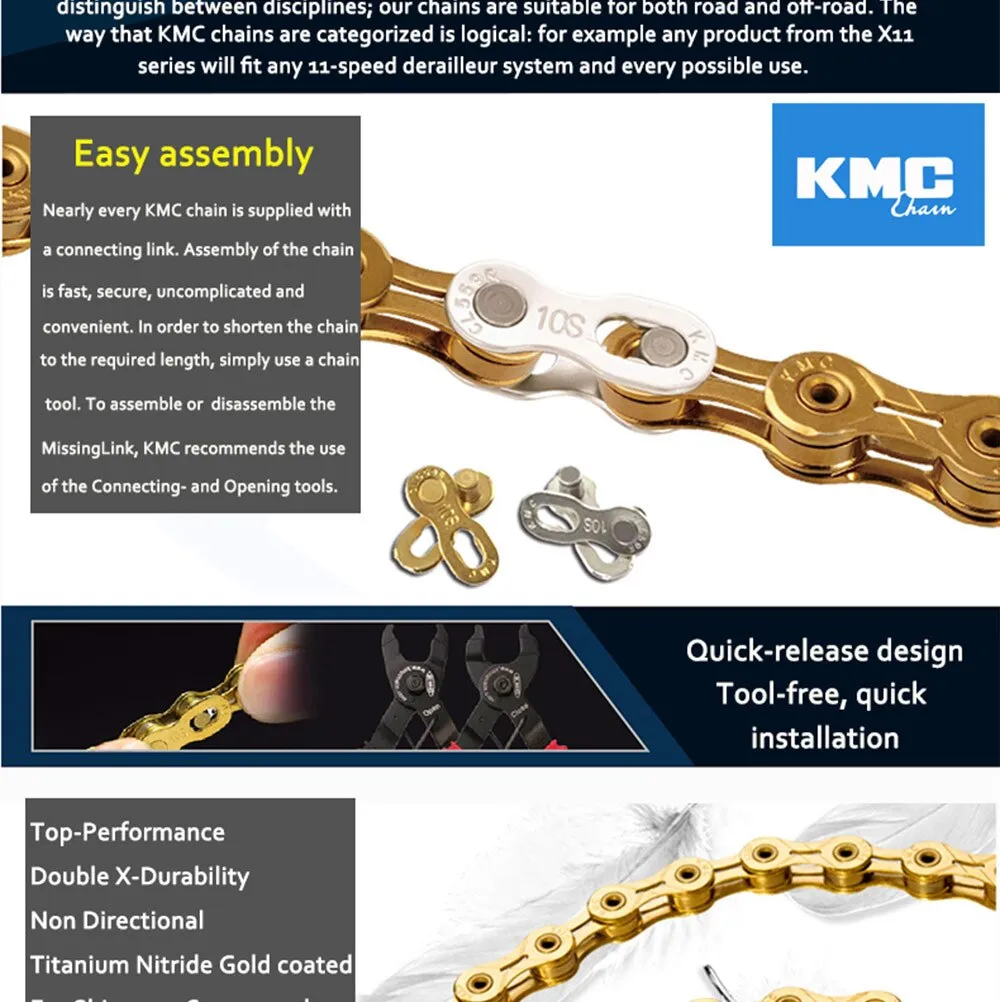 Bike Chain KMC X10EL X2.0 10 SPEED CHAIN – Gold, professional grade