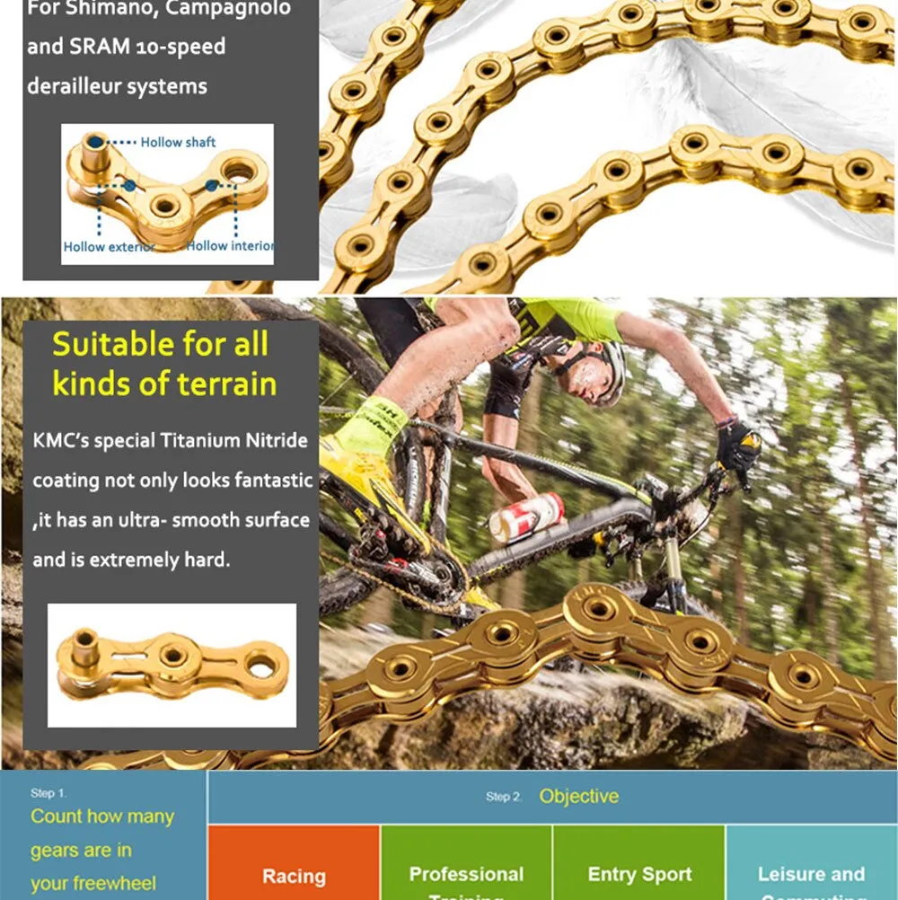Bike Chain KMC X10EL X2.0 10 SPEED CHAIN – Gold, professional grade