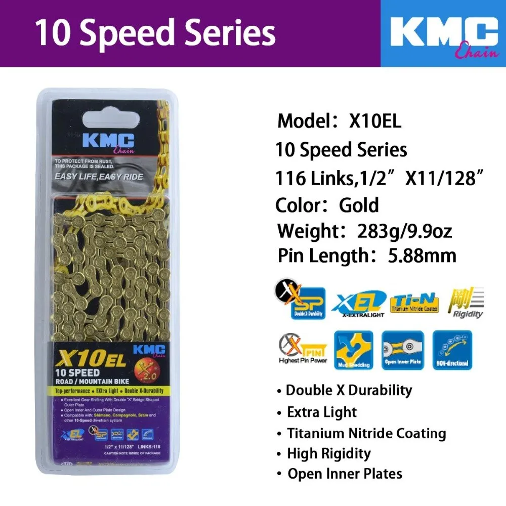 Bike Chain KMC X10EL X2.0 10 SPEED CHAIN – Gold, professional grade