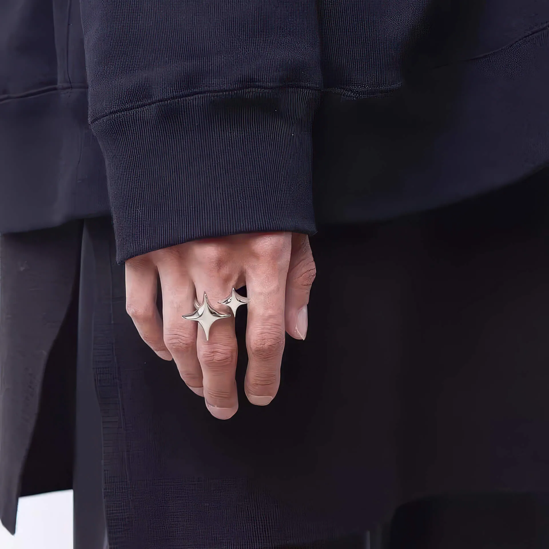 Bling Double Silver Stars Y2K Finger Ring