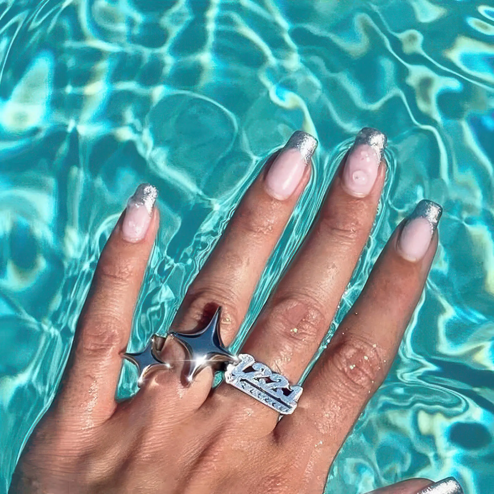 Bling Double Silver Stars Y2K Finger Ring
