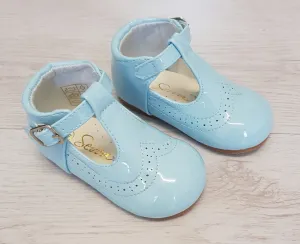Blue patent t-bar shoes