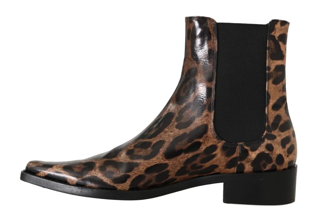 Brown Leather Leopard Chelsea Boots