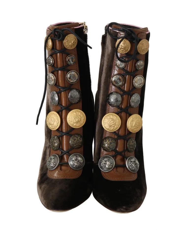 Brown Velvet DG Logo Coin Ankle Boots