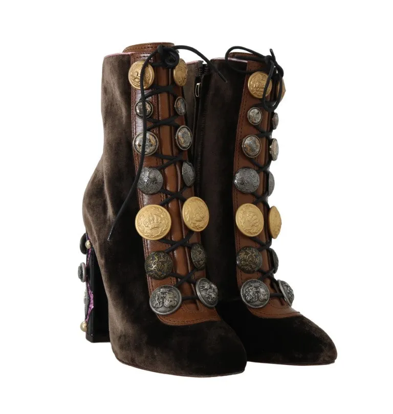 Brown Velvet DG Logo Coin Ankle Boots