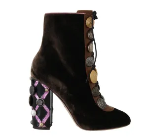 Brown Velvet DG Logo Coin Ankle Boots