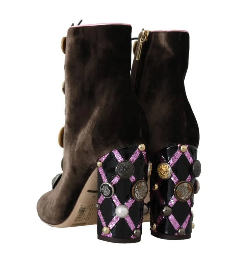 Brown Velvet DG Logo Coin Ankle Boots