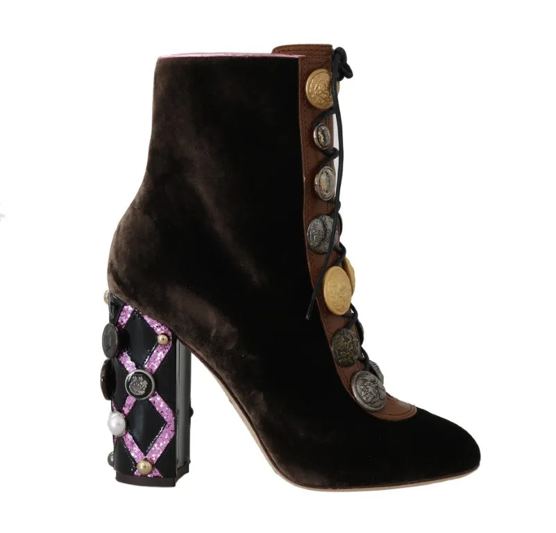 Brown Velvet DG Logo Coin Ankle Boots