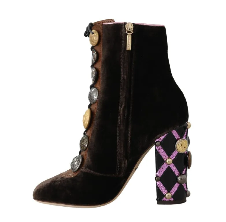 Brown Velvet DG Logo Coin Ankle Boots