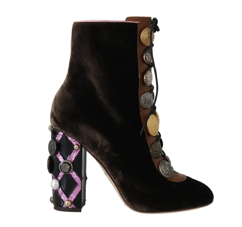 Brown Velvet DG Logo Coin Ankle Boots