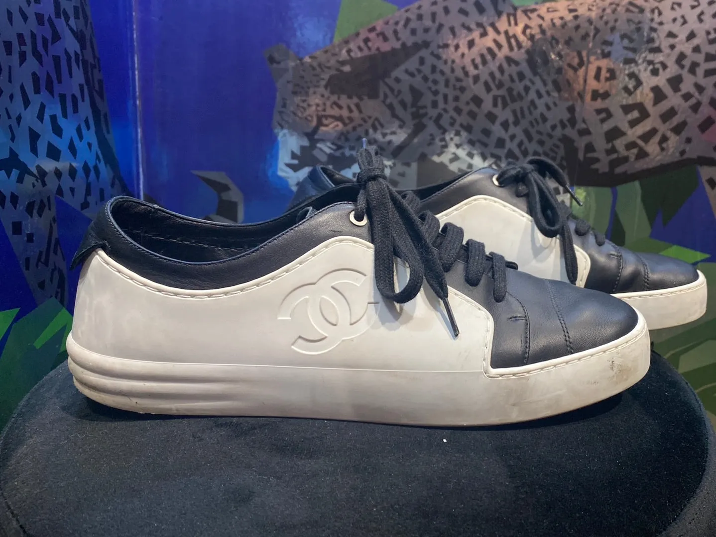 Chanel White Rubber and Black Leather Sneaker
