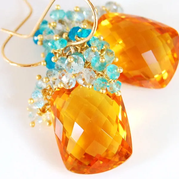 Citrine Earrings with Blue Topaz and Apatite