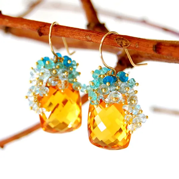 Citrine Earrings with Blue Topaz and Apatite