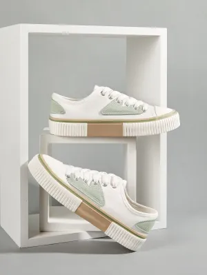 Color Block Lace-up Front Sneakers - White & Green- FD ⚡