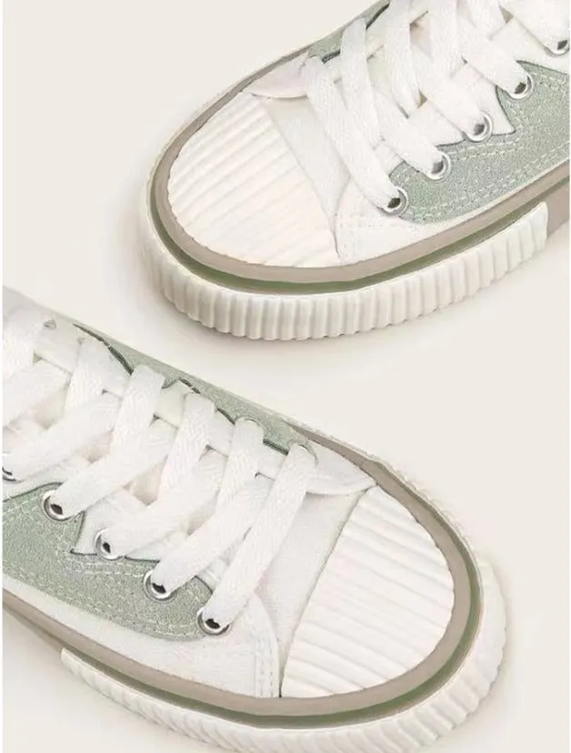 Color Block Lace-up Front Sneakers - White & Green- FD ⚡