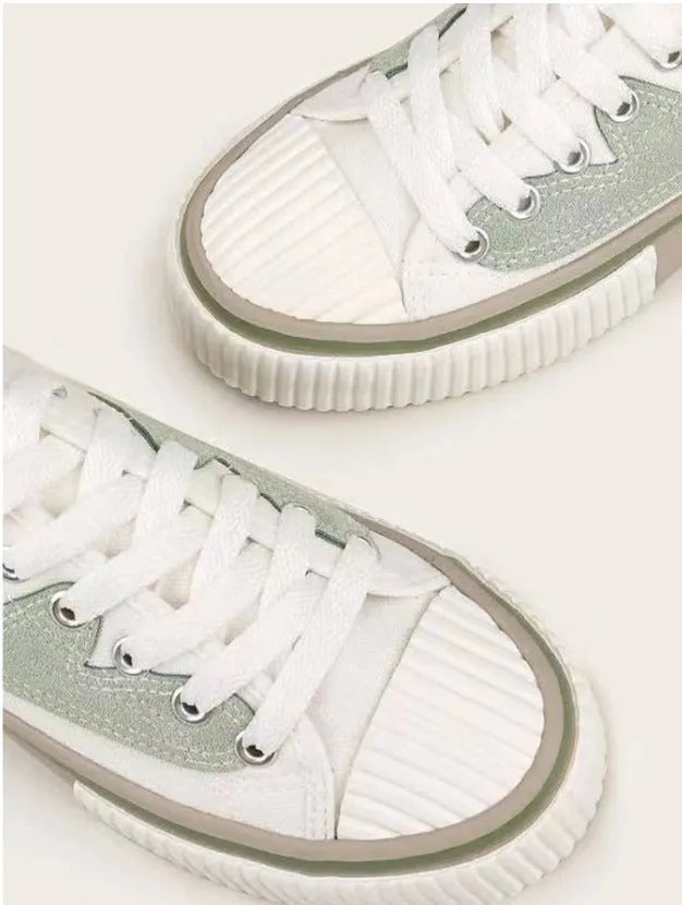 Color Block Lace-up Front Sneakers - White & Green- FD ⚡