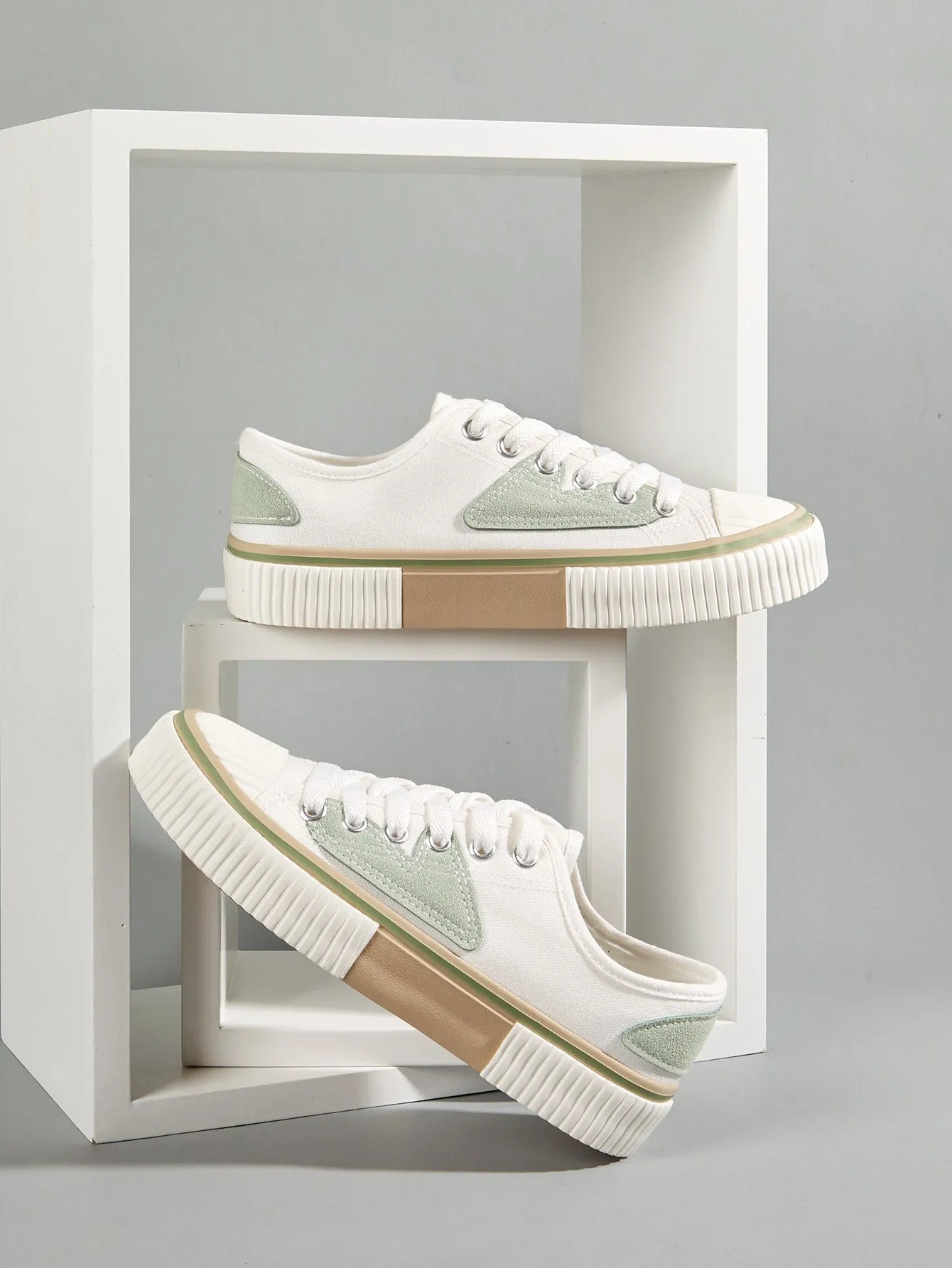 Color Block Lace-up Front Sneakers - White & Green- FD ⚡