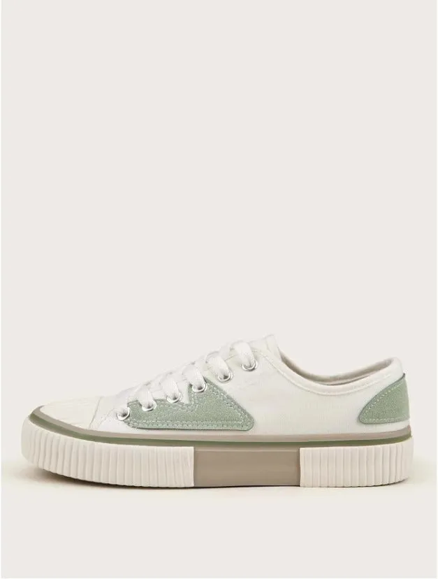 Color Block Lace-up Front Sneakers - White & Green- FD ⚡