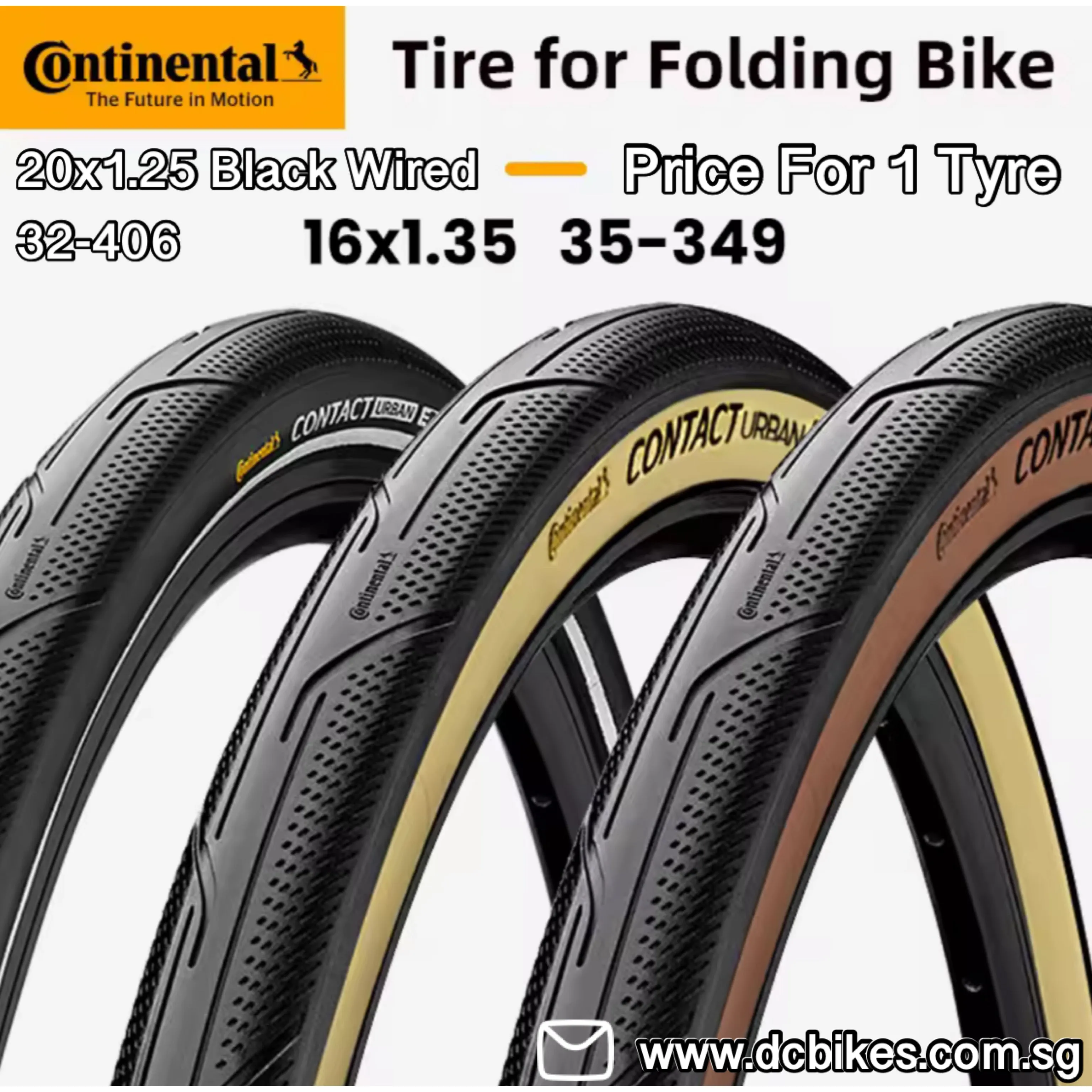 Continental 16 X 1.35 | 20 X 1.25 Contact Urban PureGrip Brown | Creme Folding | Black Wired Tyre - 35-349 | 32-406 (1 Tire)