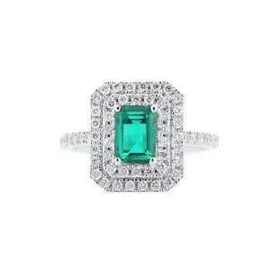 Cushion Emerald with 2 rows of Diamond Halo 14kt White Gold Ring