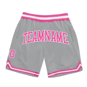 Custom Gray Pink-White Authentic Throwback Basketball Shorts