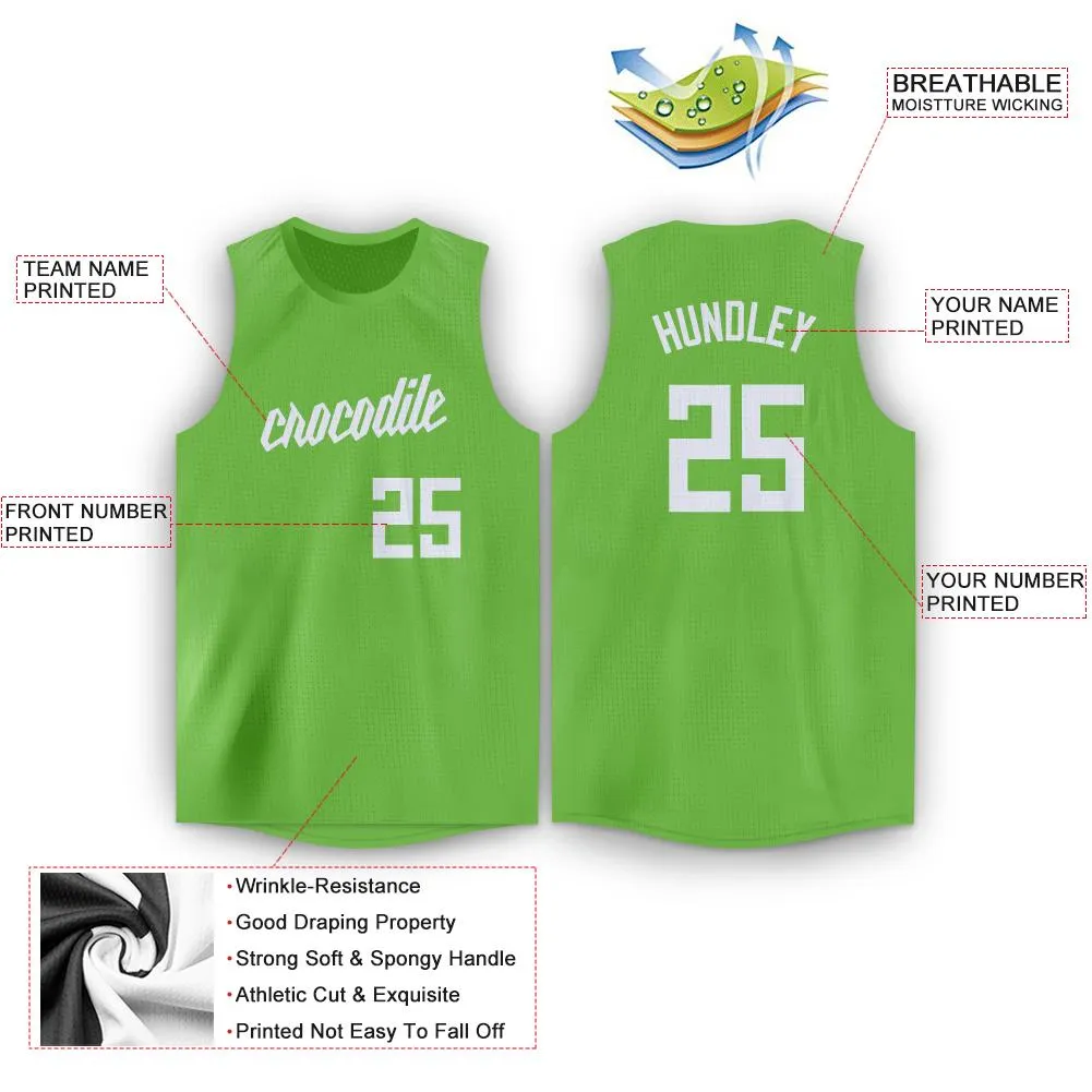 Custom Neon Green White Round Neck Basketball Jersey