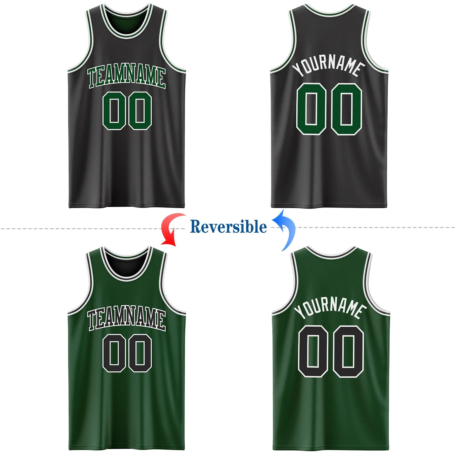 Custom Reversible Black Green-White Double Side Authentic Basketball Jersey