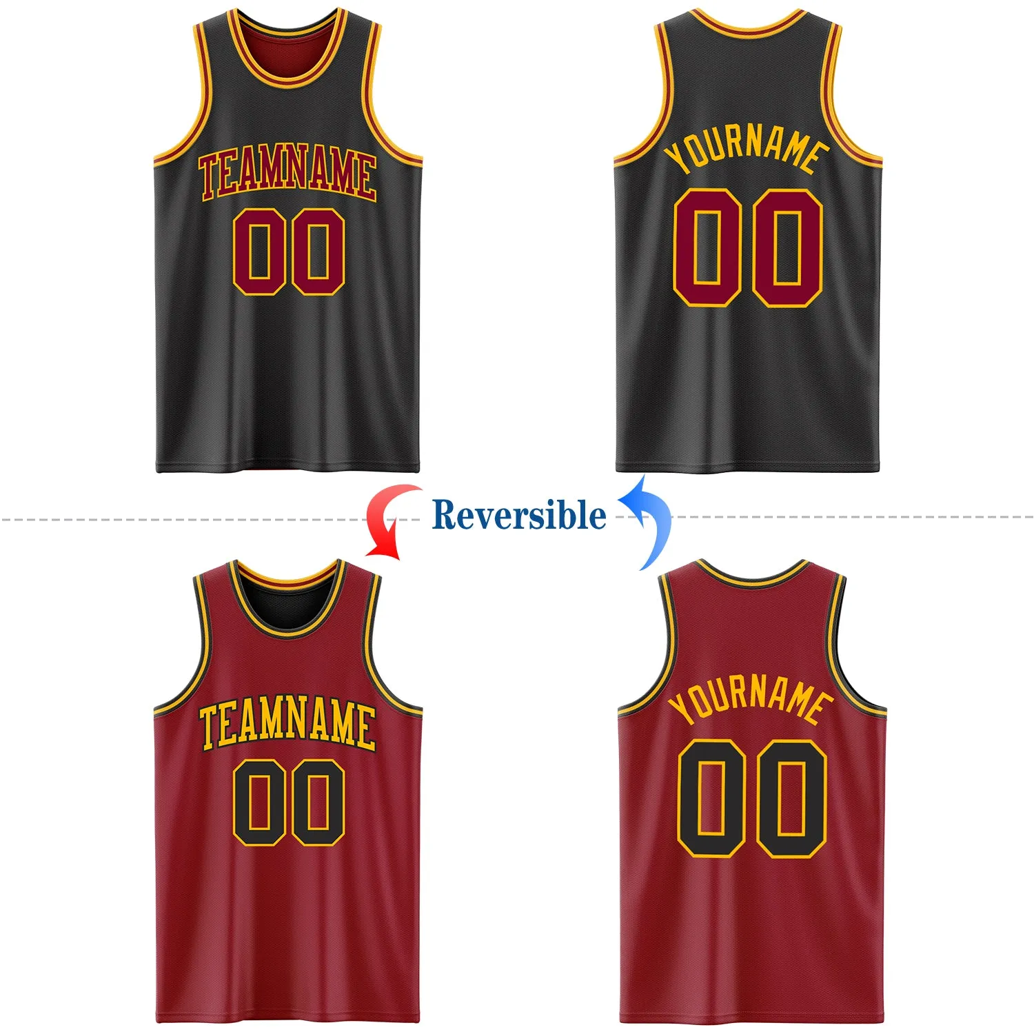 Custom Reversible Black Maroon-Gold Double Side Authentic Basketball Jersey