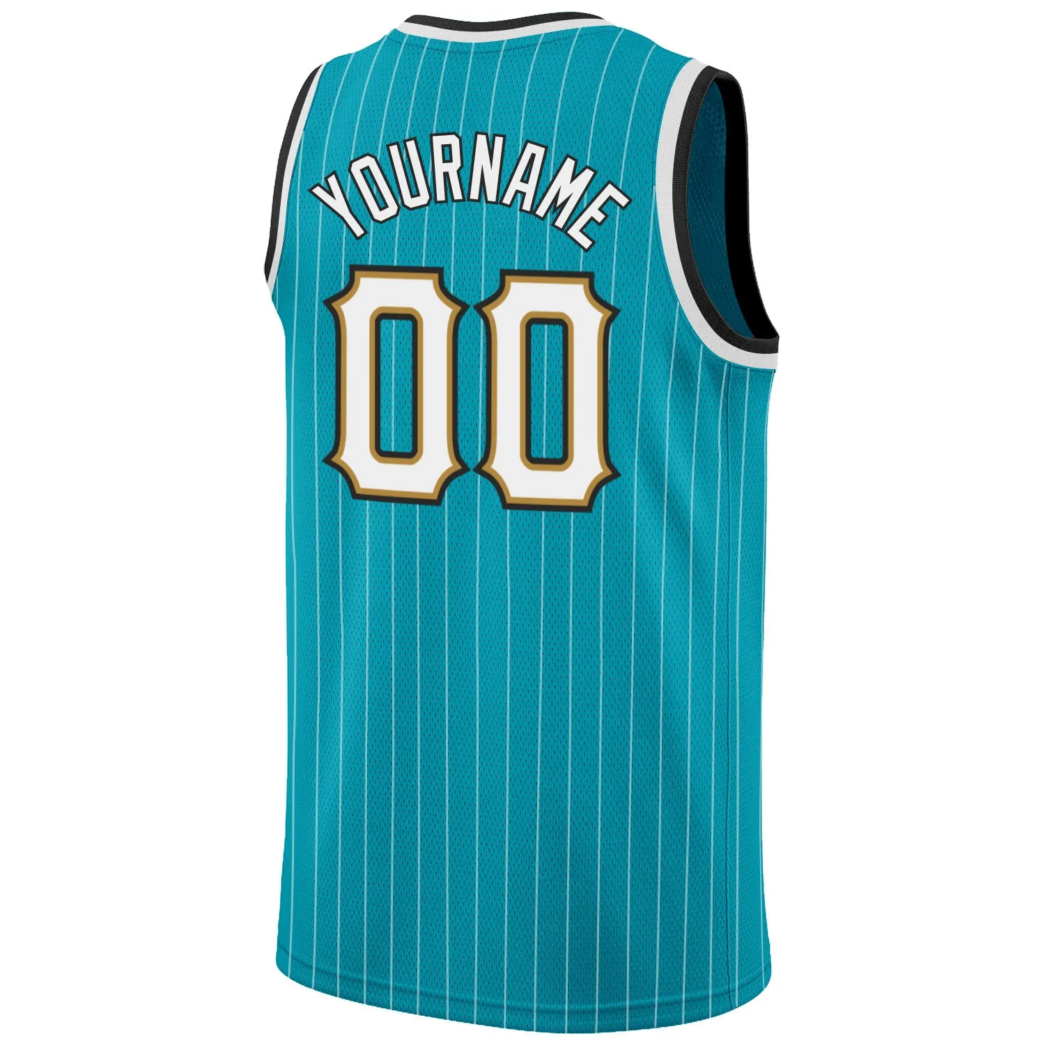 Custom Teal White Pinstripe White-Old Gold Authentic Throwback Basketball Jersey
