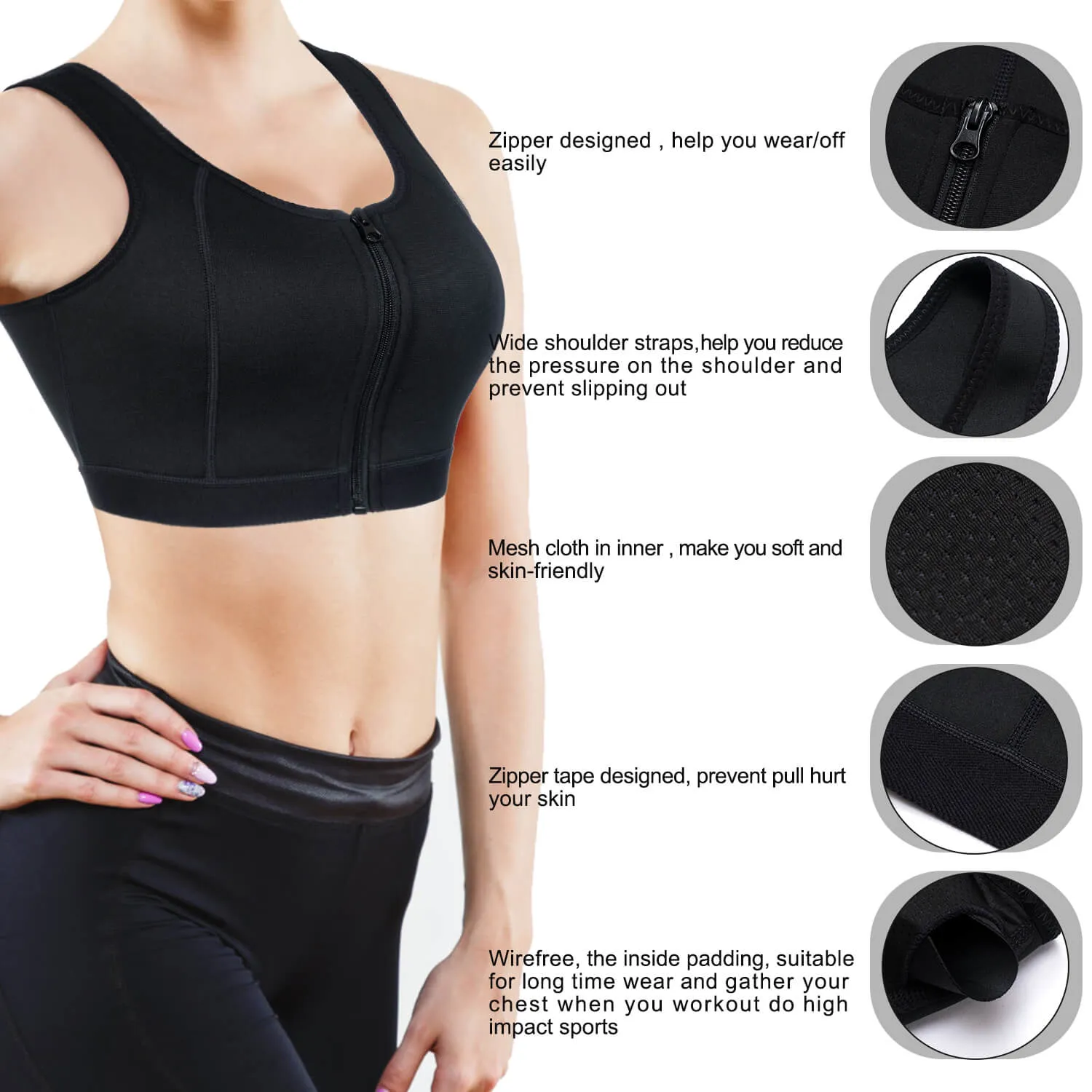 High Impact Workout Sports Support Bra Full Cup Top Vest with Front-Zipper Wirefree for Women Fitness