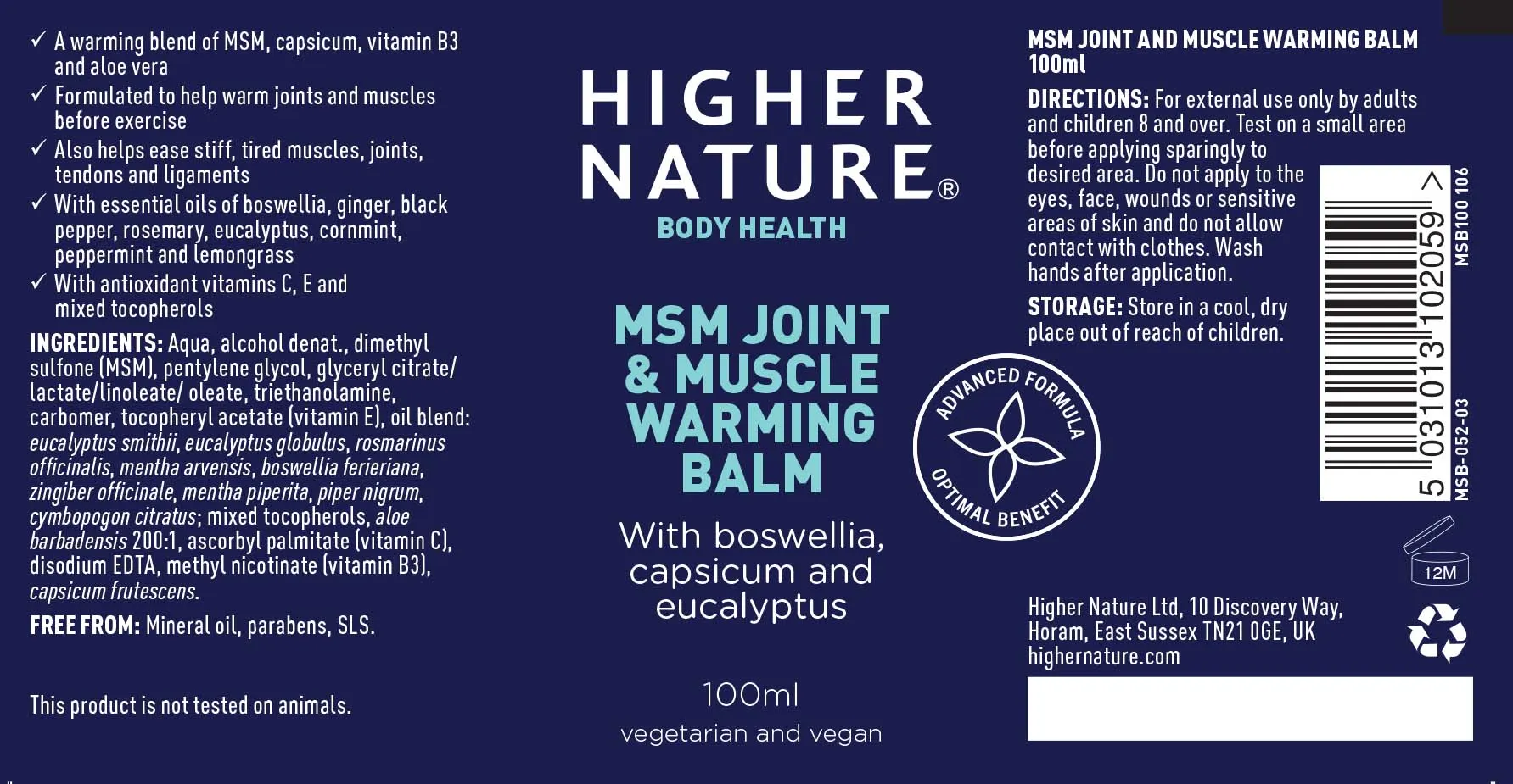 Higher Nature MSM Joint & Muscle Warming Balm 100ml