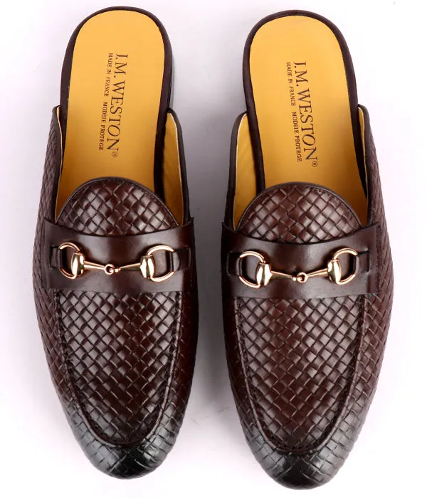 John Foster Woven Horsebit Leather Mules|Brown