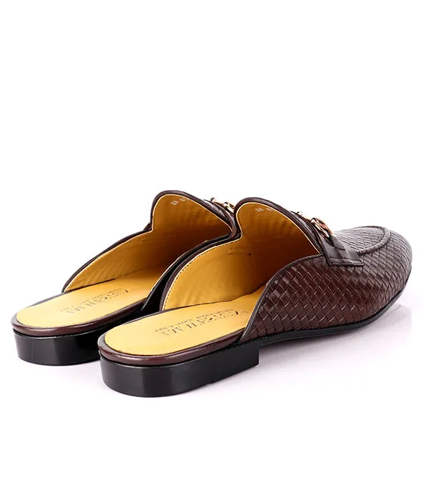 John Foster Woven Horsebit Leather Mules|Brown