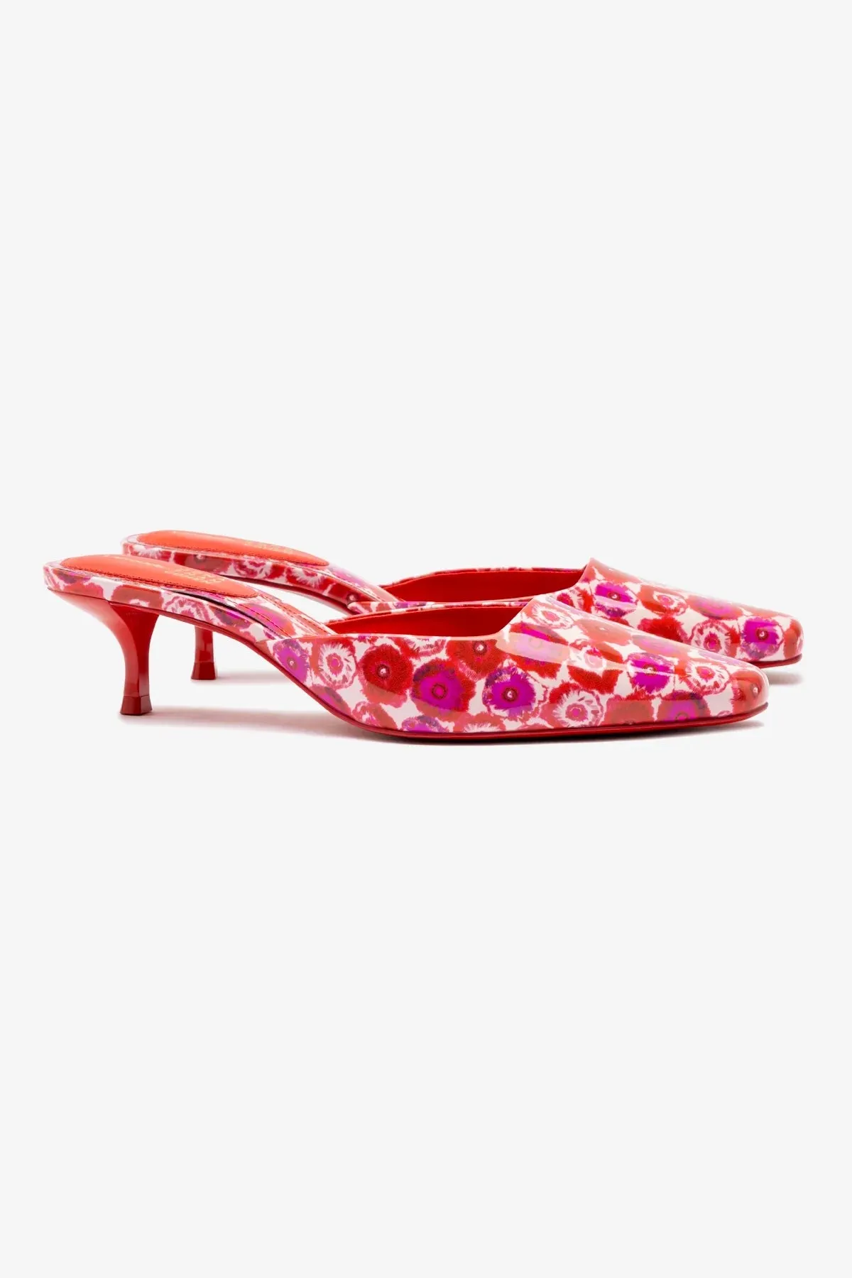 Larroude x Jonathan Cohen Amal Mule In Red Abstract Printed Patent Leather