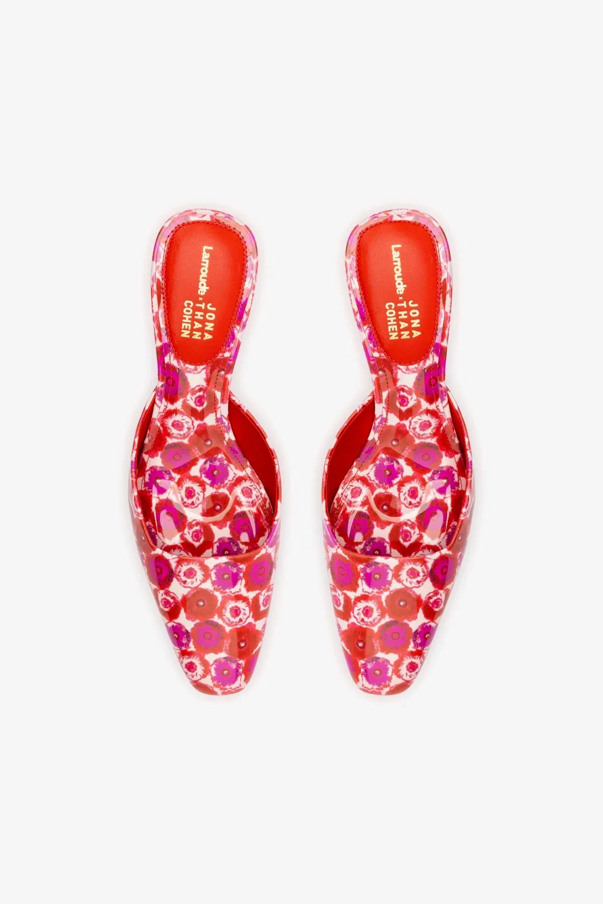 Larroude x Jonathan Cohen Amal Mule In Red Abstract Printed Patent Leather
