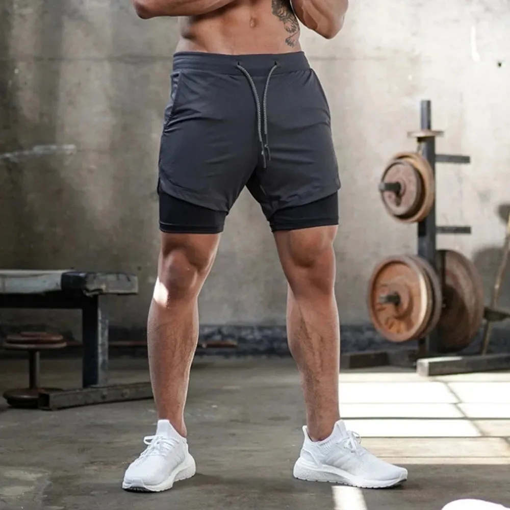 Men's 2-in-1 Running Shorts - Compression Jogging Bottoms for Gym and Fitness