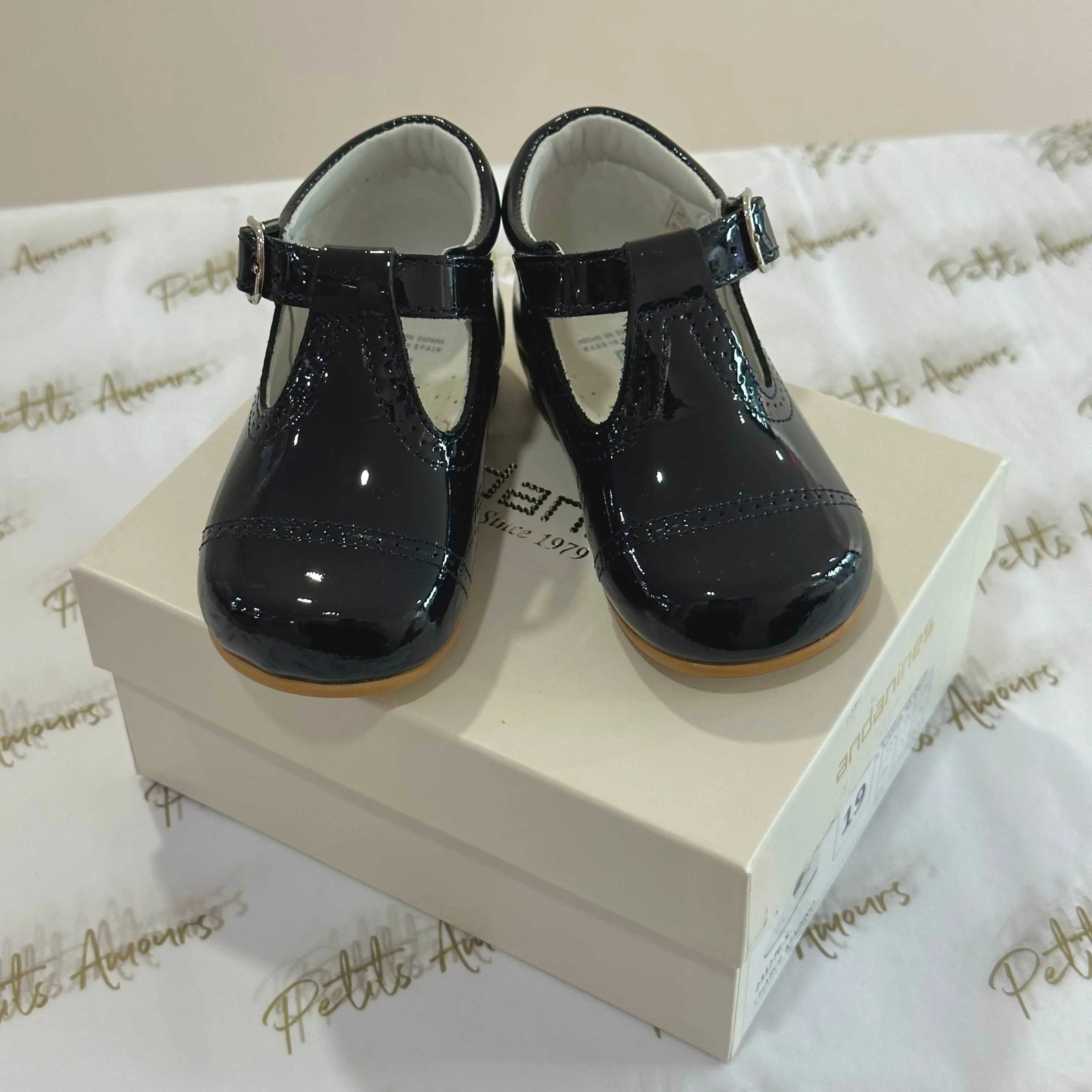 Navy Patent T-Bar Shoes