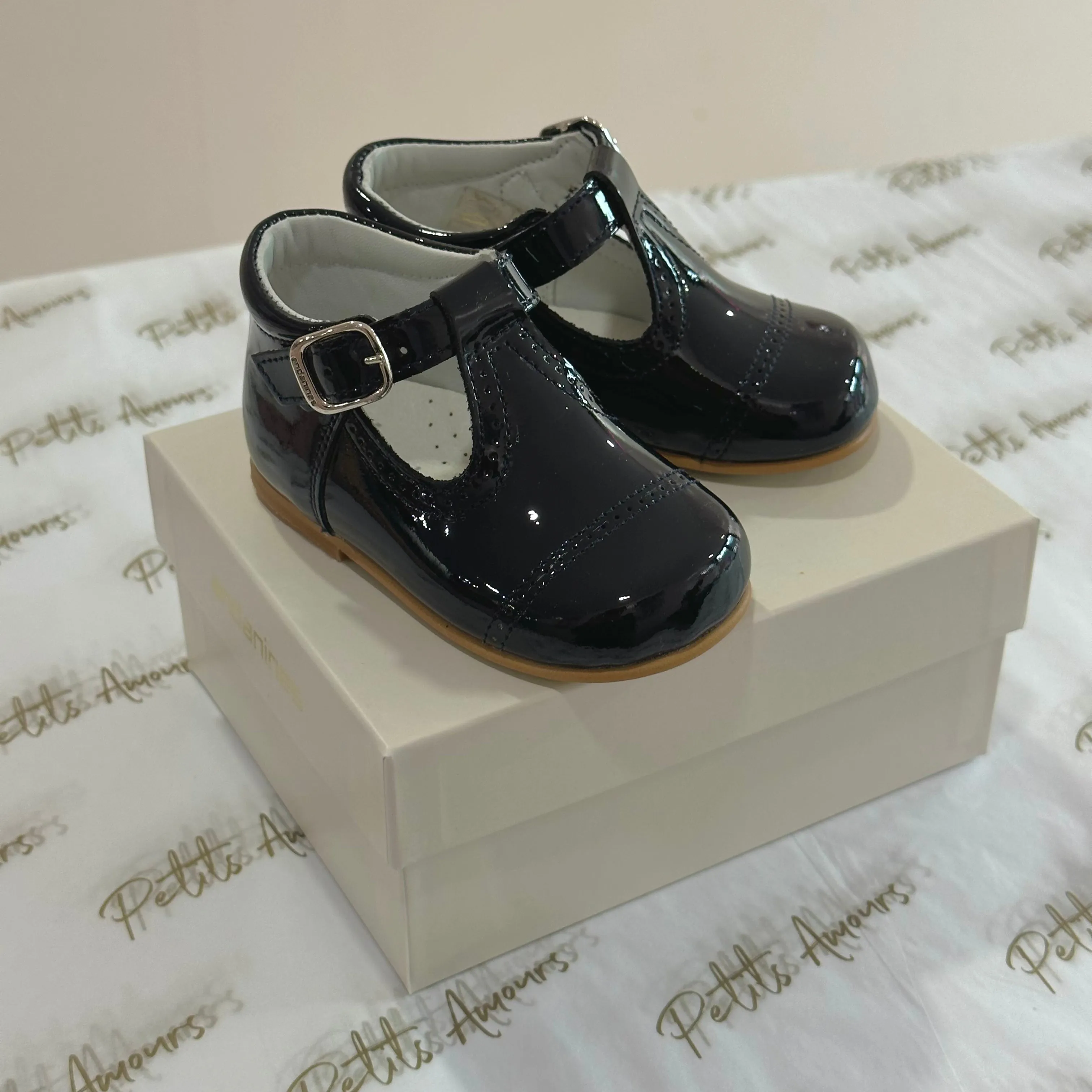 Navy Patent T-Bar Shoes