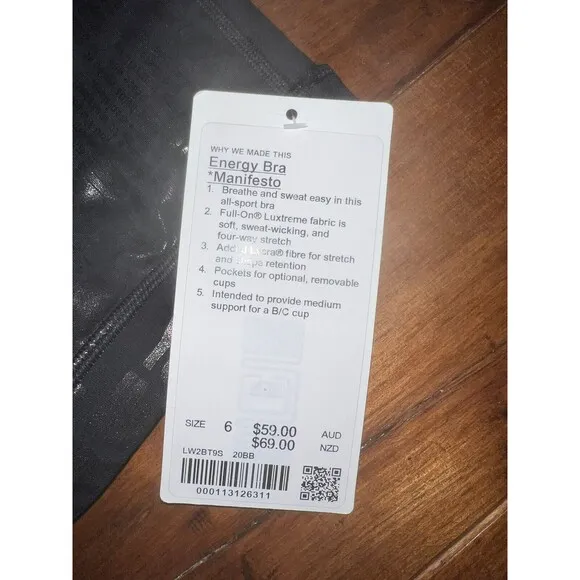 NWT Lululemon Energy Bra 20YR Manifesto Foil Print Black size 6 Metallic RARE!