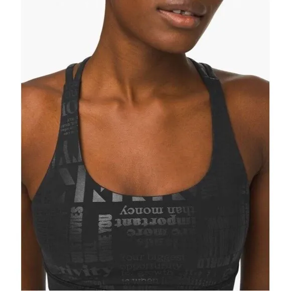 NWT Lululemon Energy Bra 20YR Manifesto Foil Print Black size 6 Metallic RARE!