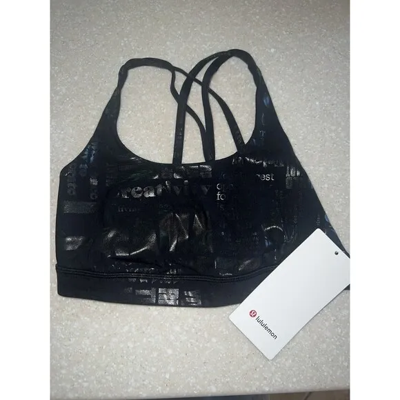 NWT Lululemon Energy Bra 20YR Manifesto Foil Print Black size 6 Metallic RARE!